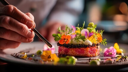 Chef artfully garnishes exquisite plate with edible flowers and micro greens