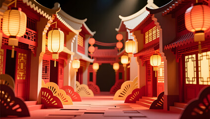 Traditional festival papercut art of an old Chinese street