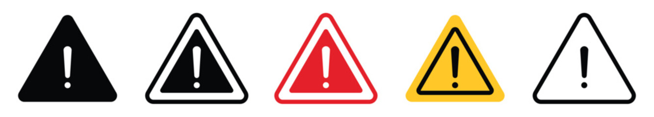 Warning Exclamation Mark Icon Set for Safety and UI Alerts | Triangle Hazard Caution Symbols in Multiple Graphic Styles | Universal Attention and Error Notification Icons for Web and Print
