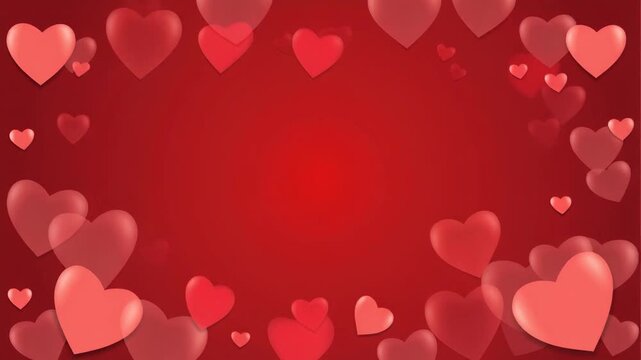 Romantic, red, heart-shaped decorations floating on dark red background with glowing center for Valentine's Day or love-themed greeting card