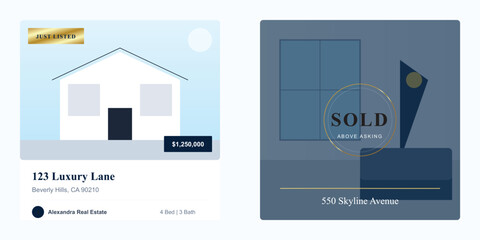 Modern Real Estate Listing UI Design: Just Listed & Above Asking Property Cards & &