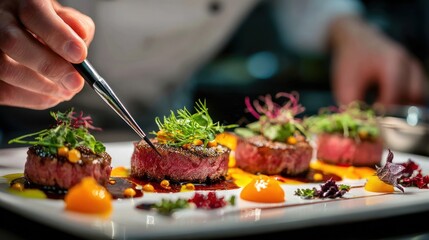 Chef meticulously plates gourmet meat courses with garnishes, close-up, selective focus