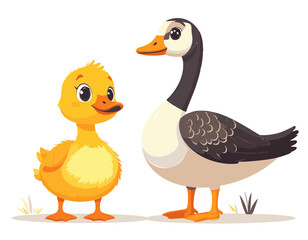 Obraz premium Cute Duckling and Goose Standing Together Outdoors in Daylight With Green Grass and White Background