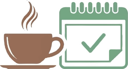 A stylized coffee cup sits beside a calendar icon with a checkmark