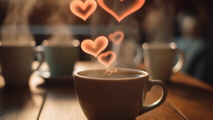 Steaming cup of coffee on a wooden table with heart decorations