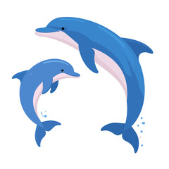 Fototapeta premium Two Blue Dolphins Swimming Together Ocean Sea Life Pixel Art Style