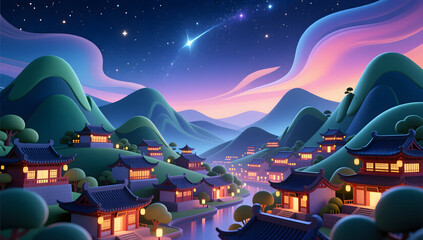 Beautiful panoramic cartoon landscape of ancient buildings