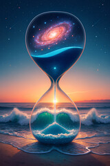"Cosmic Hourglass on Beach &ndash; Surreal Sunset Scene Blending Galaxy, Ocean, and Time Symbolism"