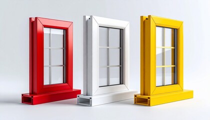 Obraz premium Three colorful window frames red, white, and yellow, with glass panes, set against a white backdrop