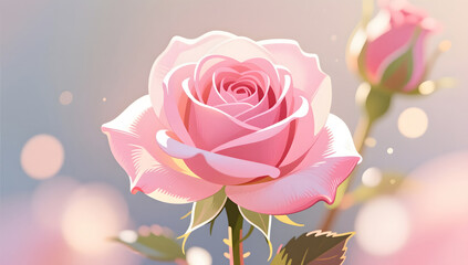 Beautiful blooming pink rose in a warm healing style