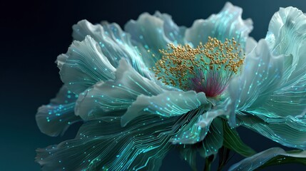 Close-up of a glowing, ethereal flower with delicate petals and golden center against dark background