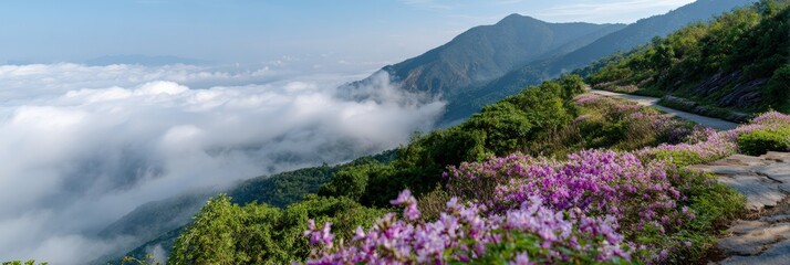 Obraz premium Majestic mountain landscape with vibrant flowers and cloud-covered sky