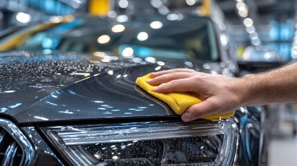 Close-up of a hand polishing a black car hood with a yellow cloth. Bright lights overhead