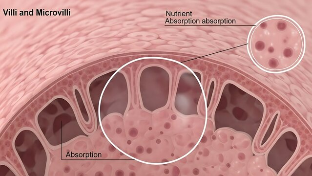 Villi and Microvilli in the Small Intestine for Nutrient Absorption.