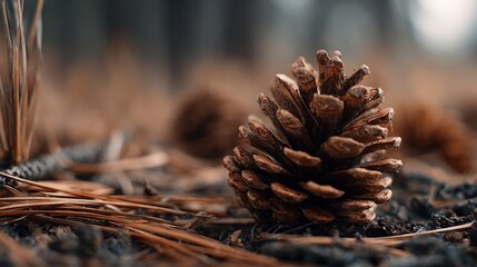 Close-up of a pinecone on forest floor with needles and blurred background