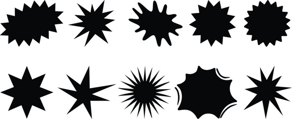 Illustration of six black shapes including two starbursts a banner a rectangle a circle and a shield shape editable eps vectors silhouette.Scattered black starburst shapes form a simple abstract