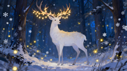 A mythical white deer glowing in a magical winter forest