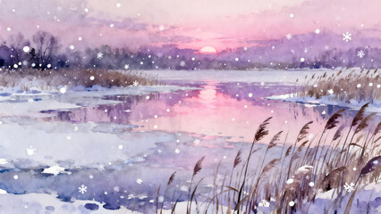 A serene winter lake reflecting soft pink and purple dusk