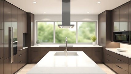 Modern kitchen interior with clean countertops and minimalist design.