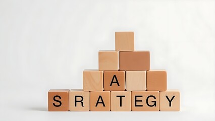 A pyramid structure made from geometric wooden blocks on a minimal background.