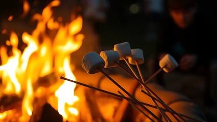 A campfire scene with marshmallows on sticks, glowing in the night.