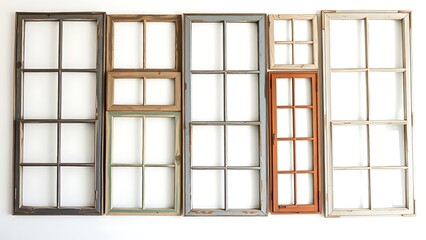 Collection of vintage window frames displayed against white background.