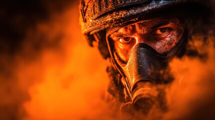 Close-up of a soldier in protective gear, intense stare, surrounded by orange smoke