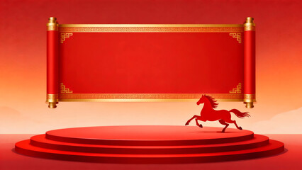 A festive New Year scene framed by a red scroll and galloping horse