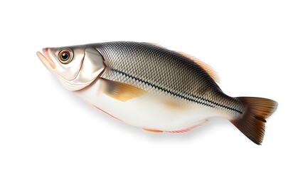 Single fresh sea bass fish isolated, food photography on white background.