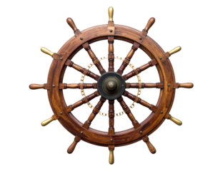 Weathered Wooden Ship Wheel with Brass Spokes