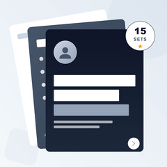 Modern User Profile Cards Stack with Account Data & 15 Sets Badge UI Design Elements & &