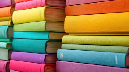 Close-up of colorful book stacks, vibrant spines on display, forming walls