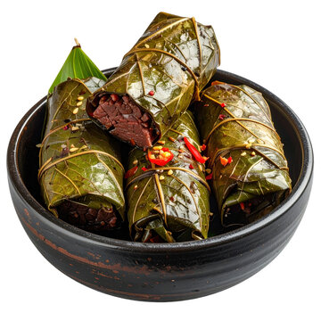 Lu pulu, a classic Polynesian comfort food of beef and taro leaves in coconut milk, served on a dark plate for a rustic look.