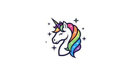 Colorful Unicorn Head with Rainbow Mane and Sparkling Stars. © rino