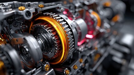 Close-up of complex mechanical device featuring intricate gears, glowing elements, and metallic structures