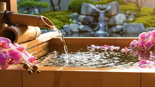Luxurious Japanese outdoor bath with bamboo water flow and pink orchids, offering a peaceful relaxation experience in a serene garden environment.