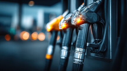 Close-up of fuel pump nozzles in a row, with warm highlights and blurred background