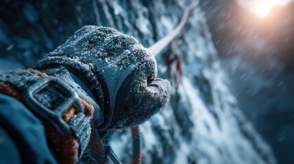 Close-up of gloved hand gripping rope on snowy mountain face. POV shot, dramatic lighting