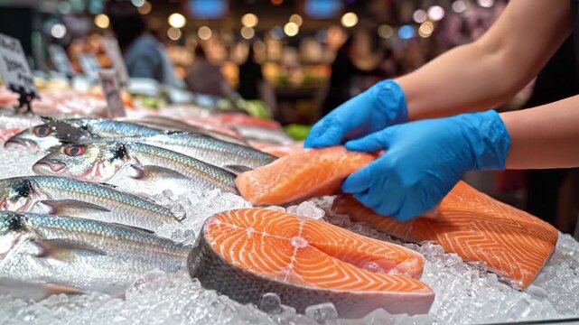Fresh seafood display fishmonger hands preparing fish