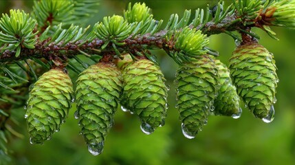 Close-up of green cones and needles on a coniferous branch, with water droplets