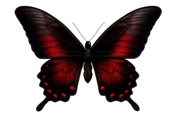 Red and black butterfly spreading elegant wings. Dark insect with stylized details showing beauty and nature