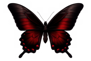 Red and black butterfly spreading elegant wings. Dark insect with stylized details showing beauty and nature