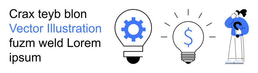 Innovation, creativity, finance, problem-solving, business development, teamwork. Gear inside a bulb, currency in a lit bulb person holding a question symbol. Innovation and creativity theme © robu_s