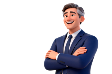 Smiling Businessman in Formal Blue Suit with Arms Crossed