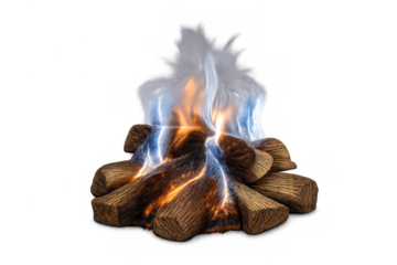 Campfire wood logs burning with vibrant blue orange flame and white smoke, creating powerful energy on transparent background