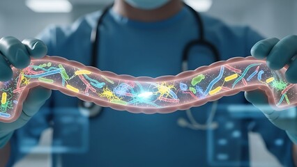 Doctor Holds Illuminated Model of Human Intestine with Microbes.