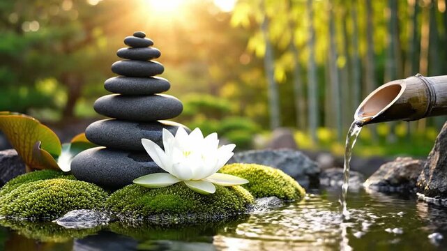 Serene Japanese Zen Garden with Balanced Stones, Glowing White Lotus, and Calming Bamboo Water Fountain Flowing into a Peaceful Pond, Ideal for Meditation and Spa Backgrounds.