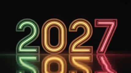 Neon Glowing 2027 New Year Countdown Reflective Dark Background Futuristic Design Element Colorful Typography Graphic Artwork