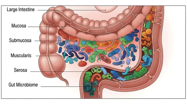 Cross-section of the human large intestine showing gut microbiome layers.