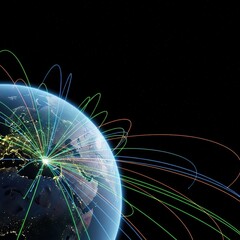 Global communication network lines connecting continents across Earth&rsquo;s surface viewed from deep space. Abstract technology background concept, map, space, night